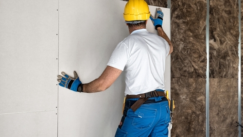 Installation,Of,A,Plasterboard,Partition.,Drywall,System,With,Acoustic,Insulation